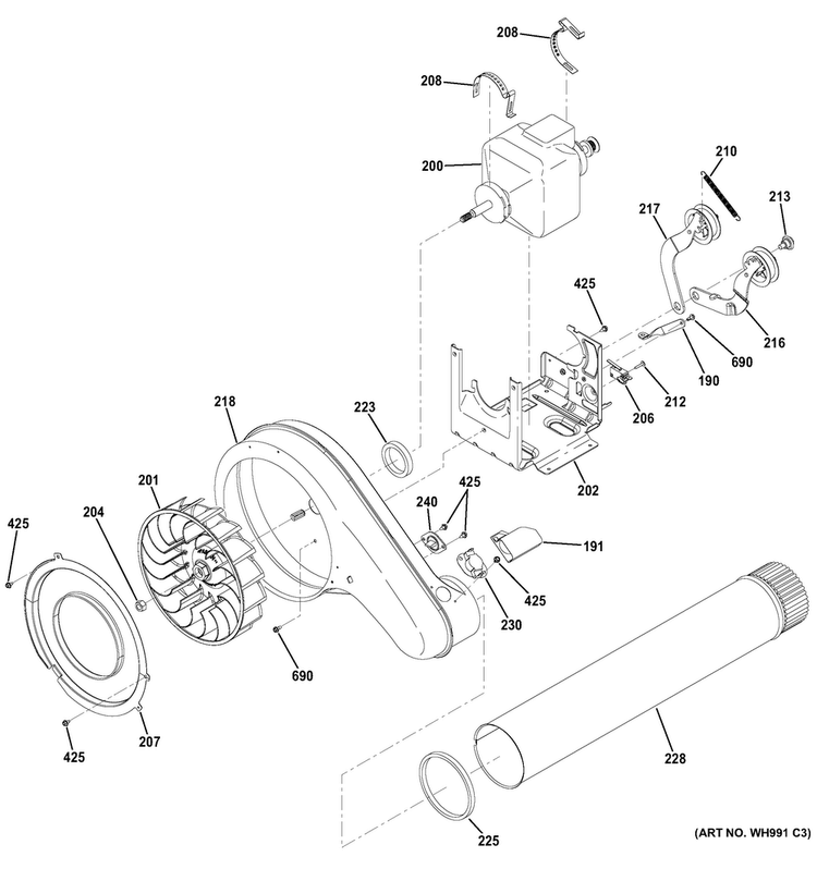 Blower & Motor Diagram and Parts List for GFDR270EH1WW  General Electric Dryer