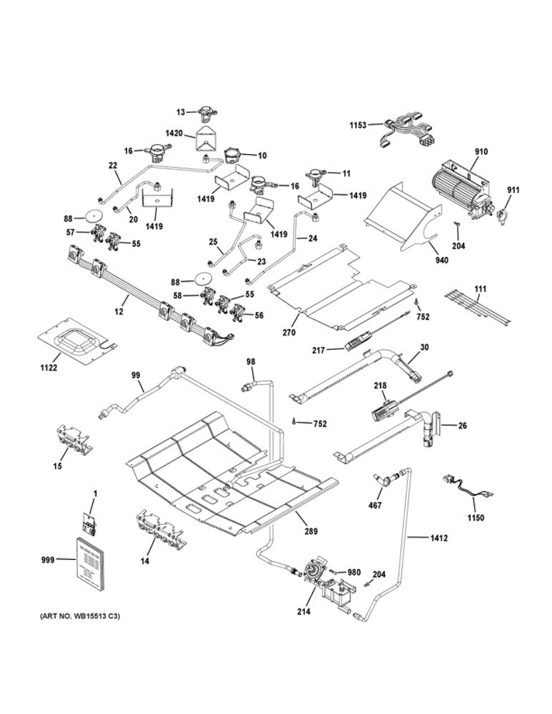 Gas And Burner Parts Diagram and Parts List for JGS760DEL4WW  General Electric Range