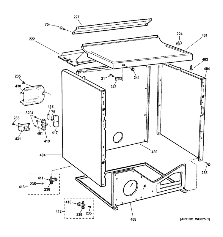 Cabinet & Top Panel Diagram and Parts List for DCCB330EJ4WC  General Electric Dryer