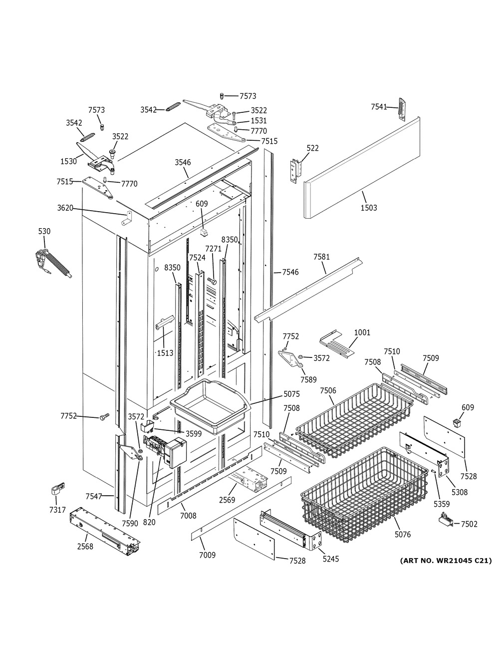 Freezer Section, Trim & Components Diagram and Parts List for ZIPS360NNBSS  General Electric Refrigerator
