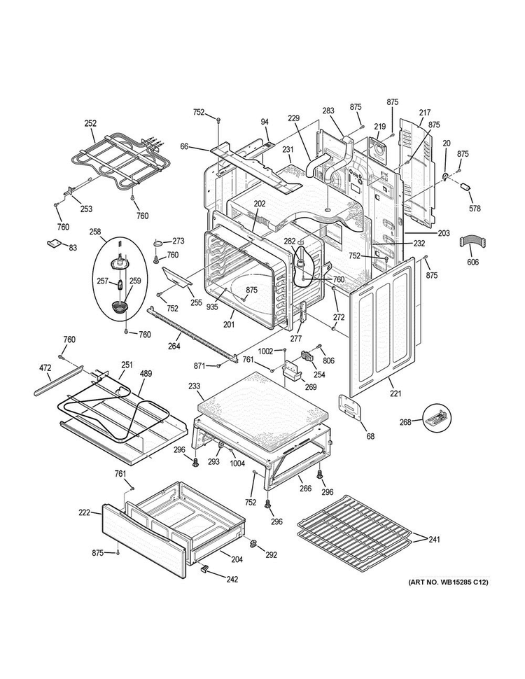 Body Parts Diagram and Parts List for JB755SJ4SS  General Electric Range