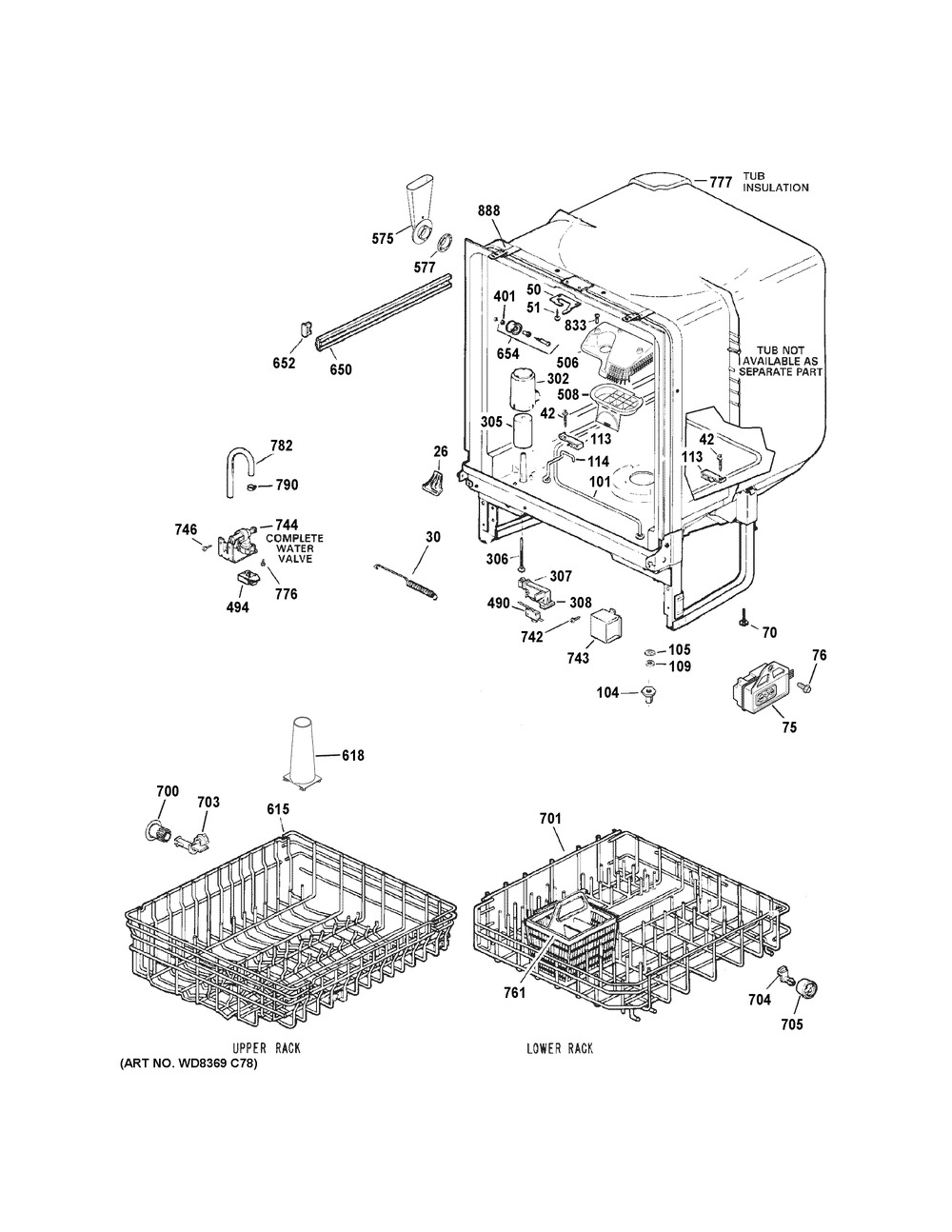 Body Parts Diagram and Parts List for GSD3300K55CC  General Electric Dishwasher