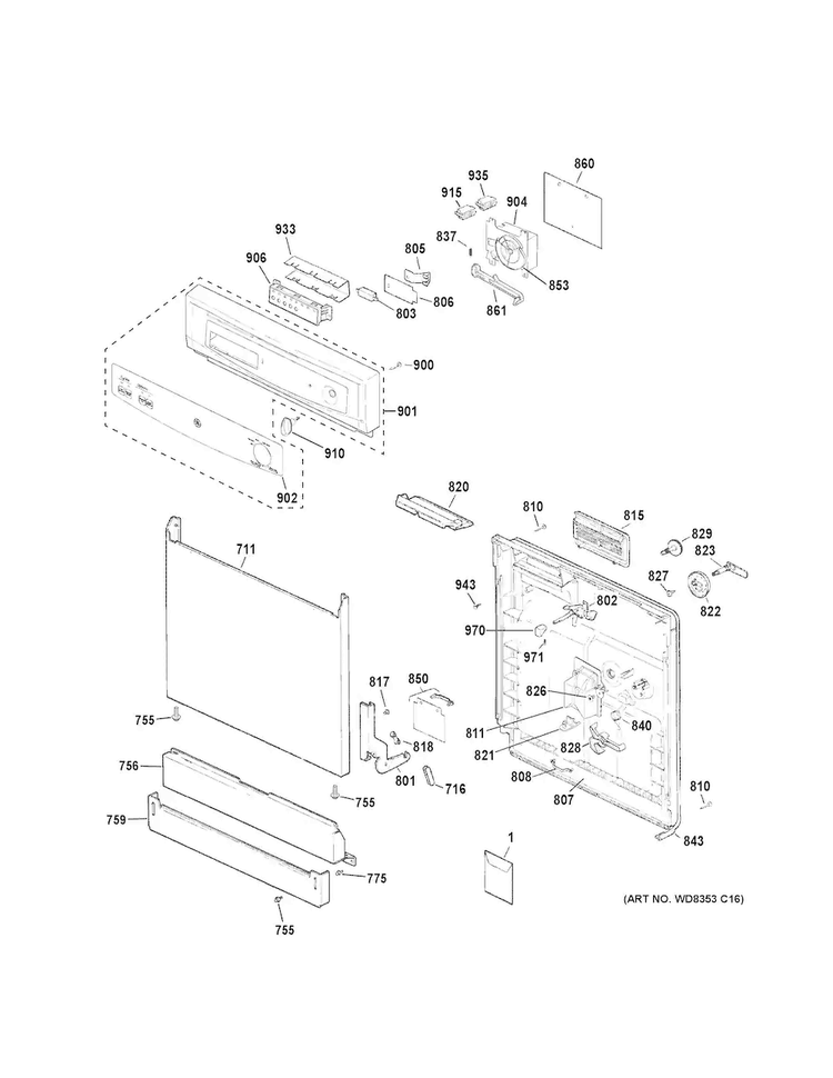 Escutcheon & Door Assembly Diagram and Parts List for GSD3300K00BB  General Electric Dishwasher