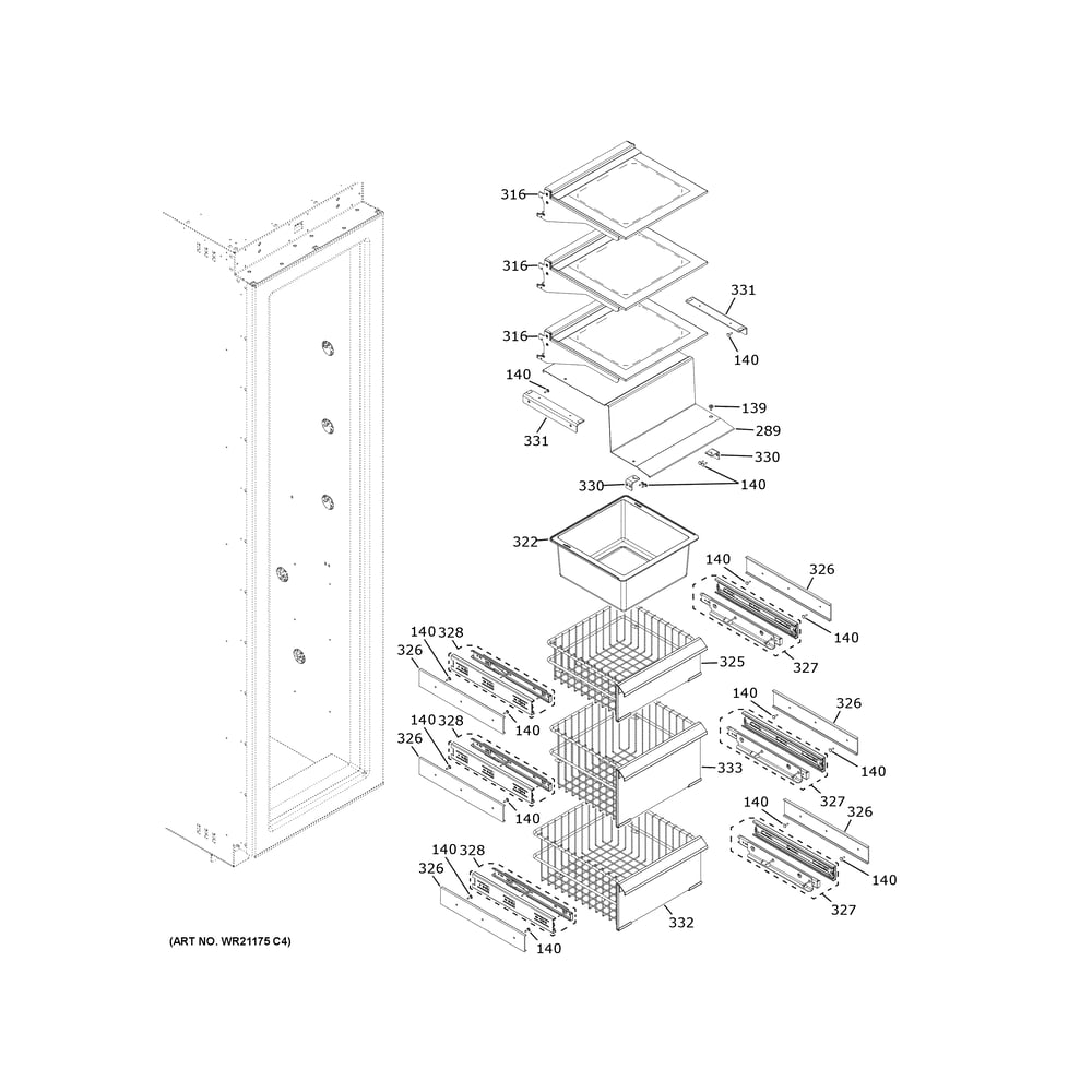 Shelves & Drawers Diagram and Parts List for ZIF361NBRDII  General Electric Freezer