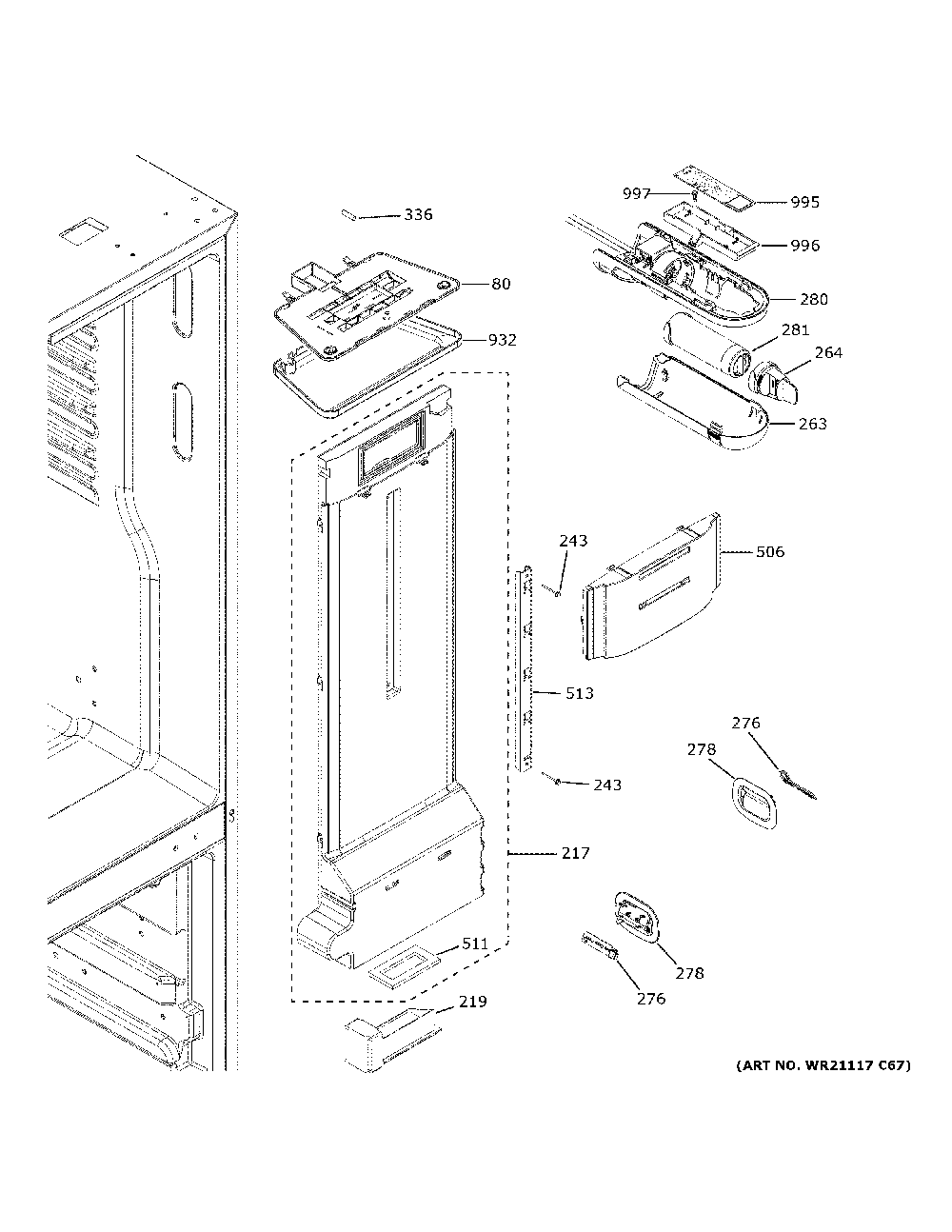 Fresh Food Section Diagram and Parts List for GFE26JGMWFWW  General Electric Refrigerator