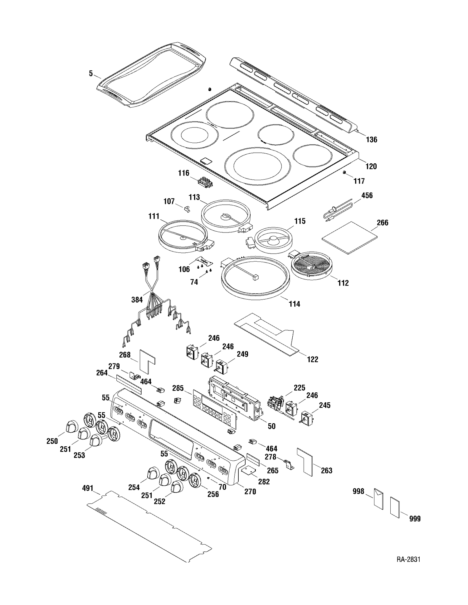 CONTROLS & COOKTOP Diagram and Parts List for CBC980SN1SS  General Electric Range