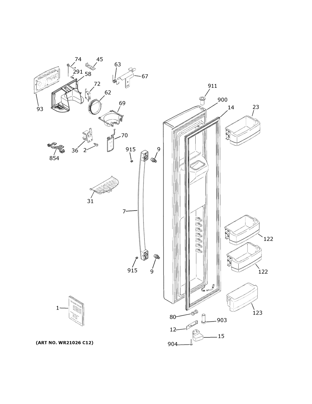 Freezer Door Diagram and Parts List for GSE25GGPHCBB  General Electric Refrigerator