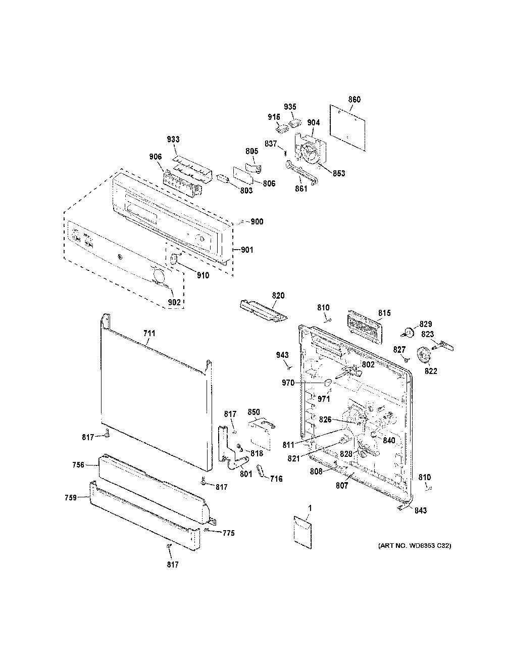 Escutcheon & door assembly Diagram and Parts List for GSD3300K70BB  General Electric Dishwasher