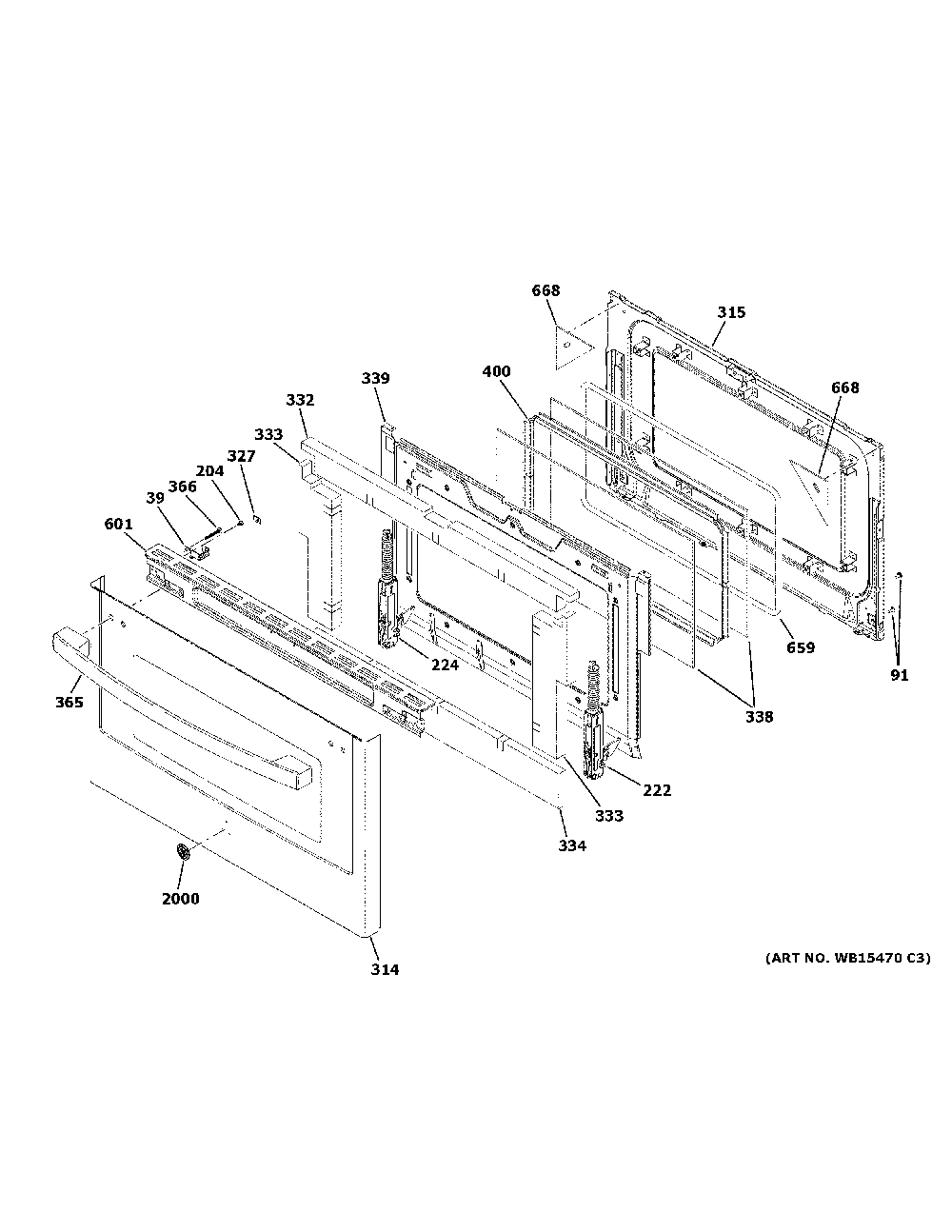 Lower Door Diagram and Parts List for PGB960SEJ6SS  General Electric Range