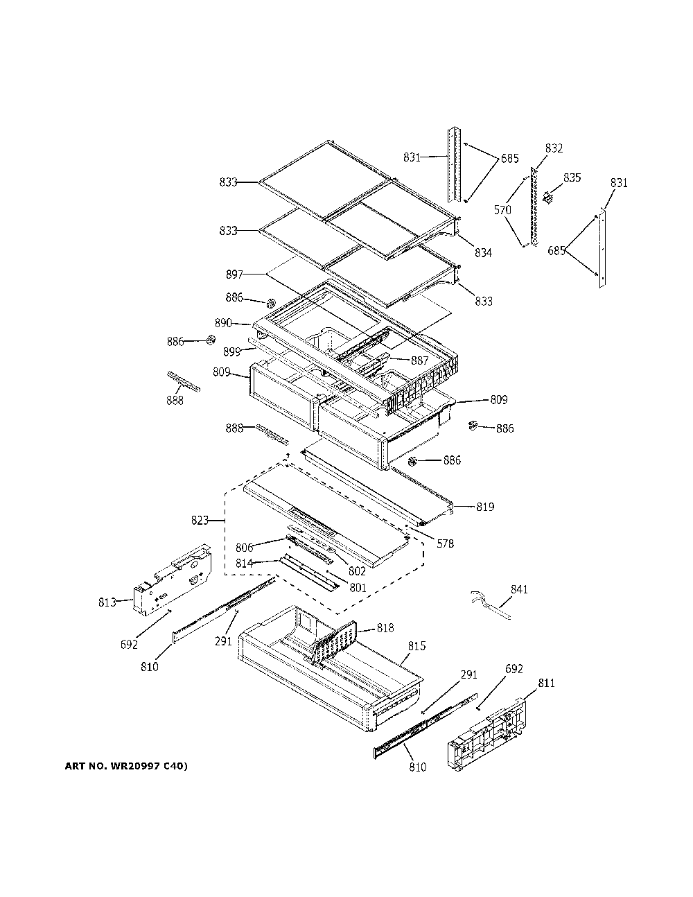 Fresh food shelves Diagram and Parts List for ZWE23ESHQSS  General Electric Refrigerator