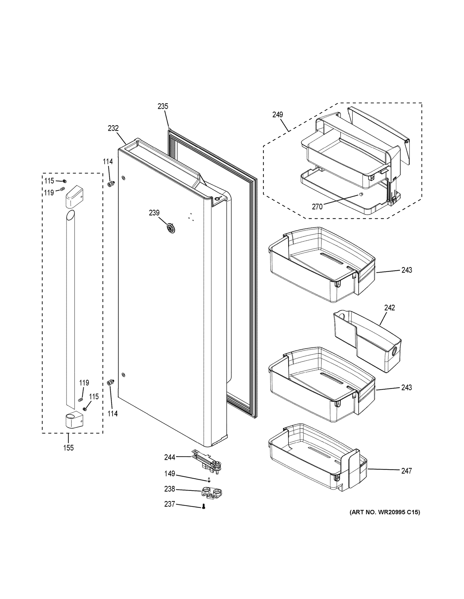 FRESH FOOD DOOR - RH Diagram and Parts List for CWE23SSHOSS  General Electric Refrigerator