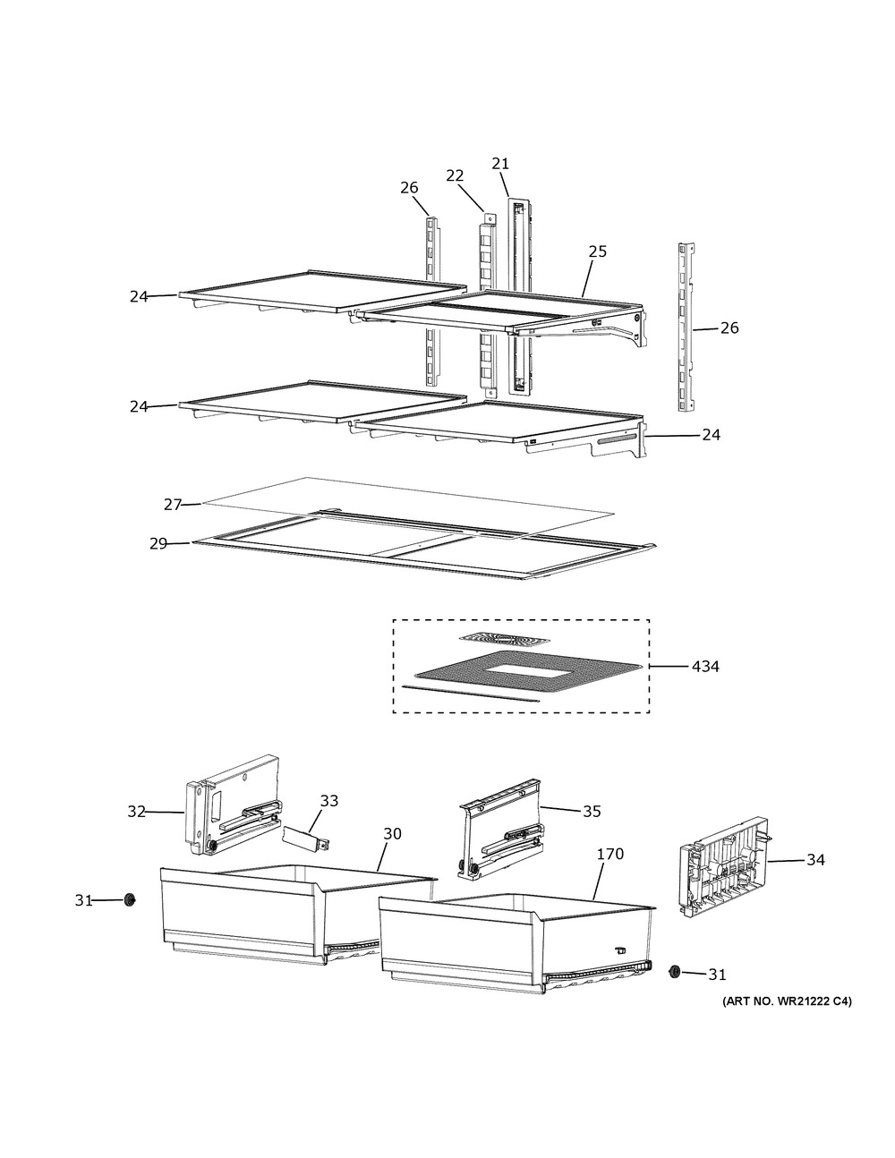 Refrigerator Shelves Diagram and Parts List for CVE28DP3NFD1  General Electric Refrigerator