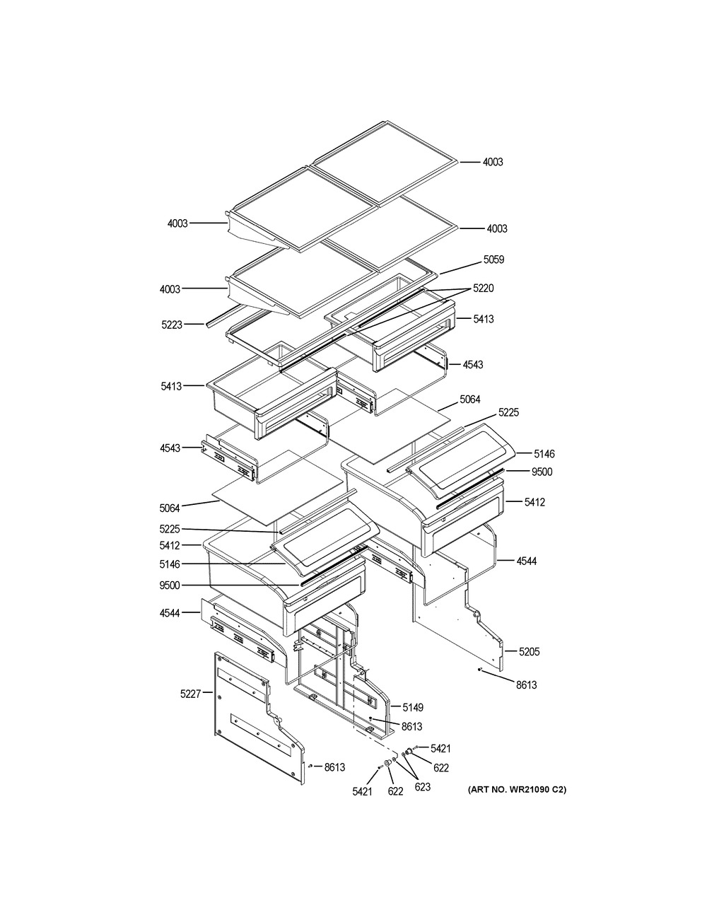 Shelves And Drawers Diagram and Parts List for ZIC360NVBLH  General Electric Refrigerator