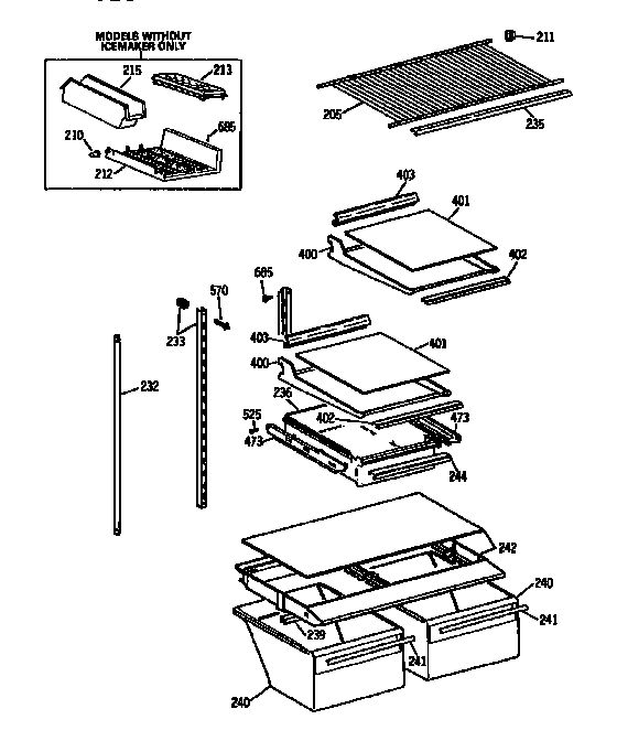 Shelf Diagram and Parts List for TBX18JATRAD  General Electric Refrigerator