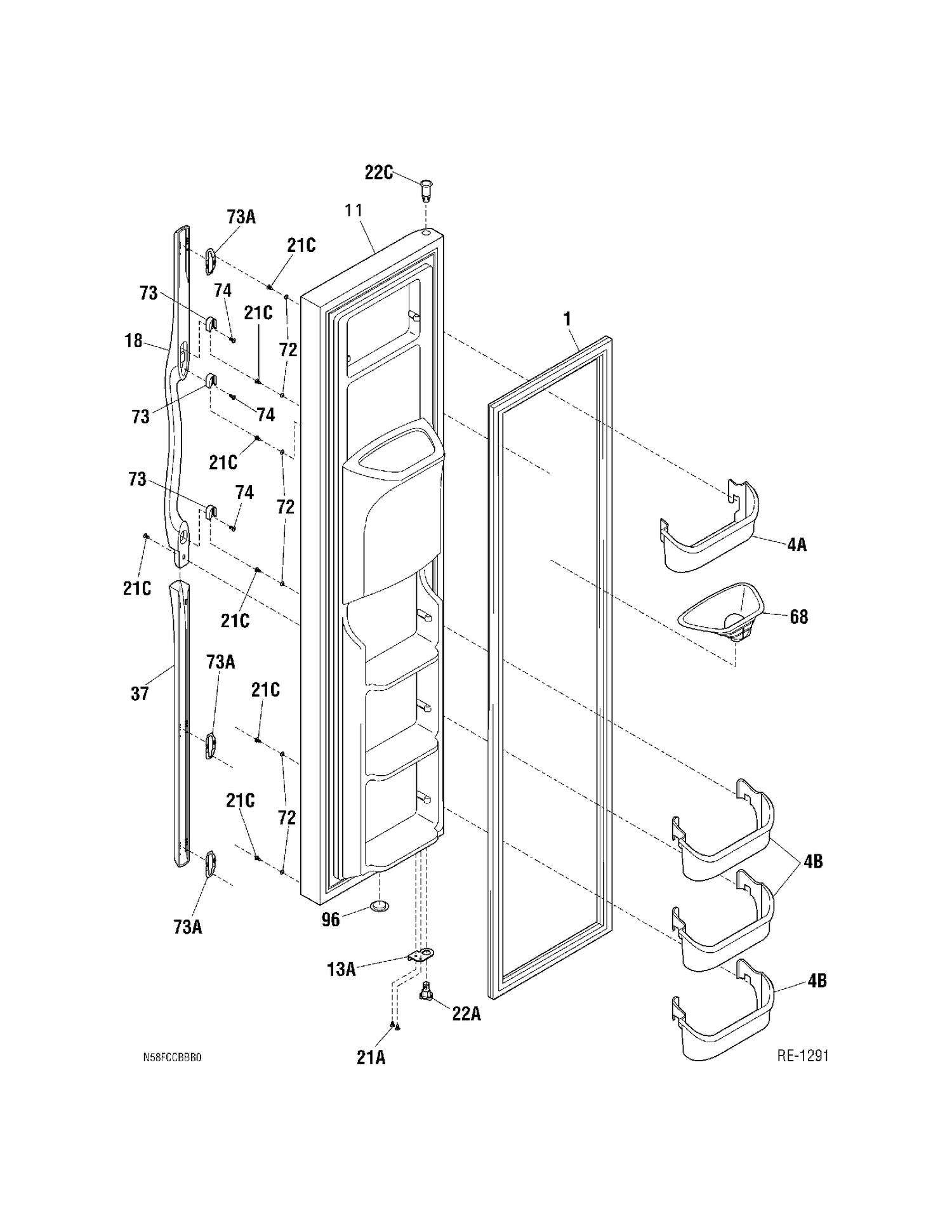 FREEZER DOOR Diagram and Parts List for 33346-1  General Electric Refrigerator