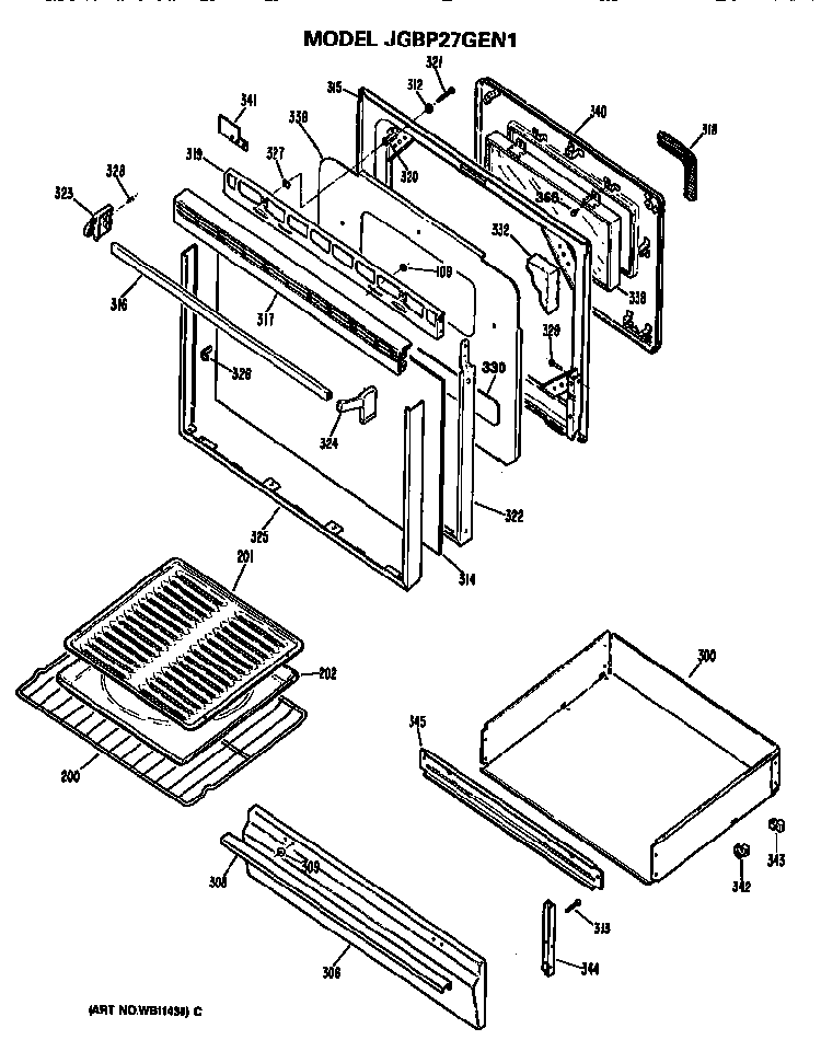 Door And Broiler Assembly Diagram and Parts List for JGBP27GEN1  General Electric Range