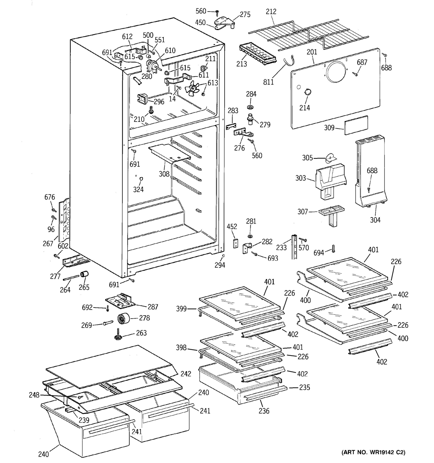 CABINET Diagram and Parts List for 36211XBMERWW  General Electric Refrigerator
