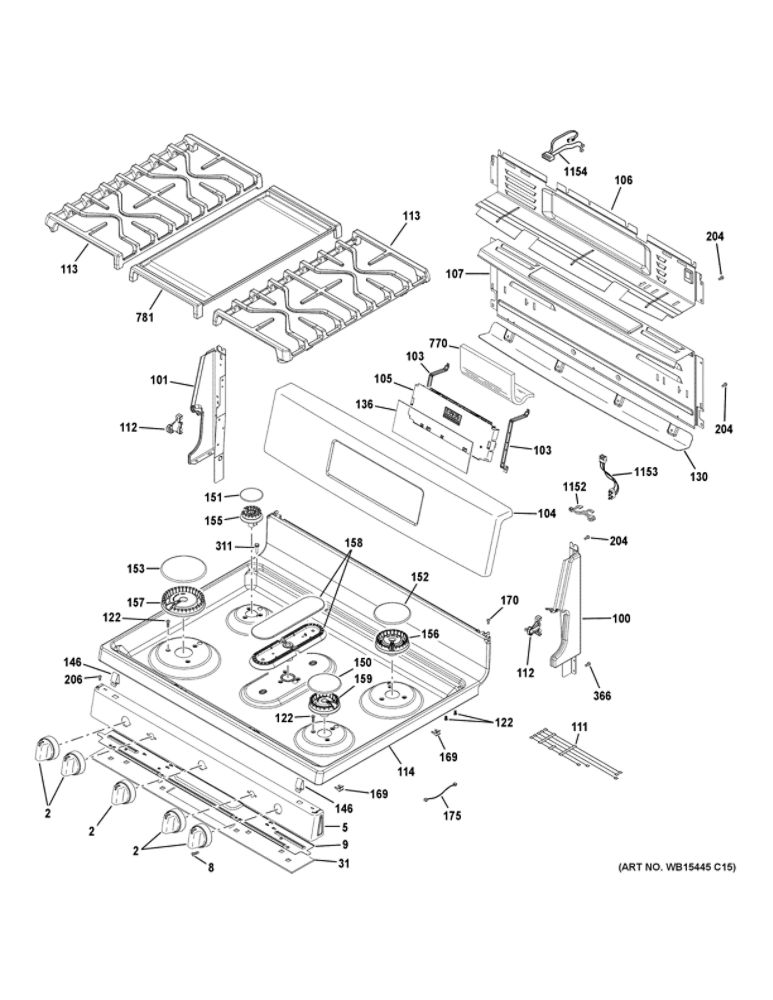 Control Panel And Cooktop Diagram and Parts List for JGB735FP1DS  General Electric Range