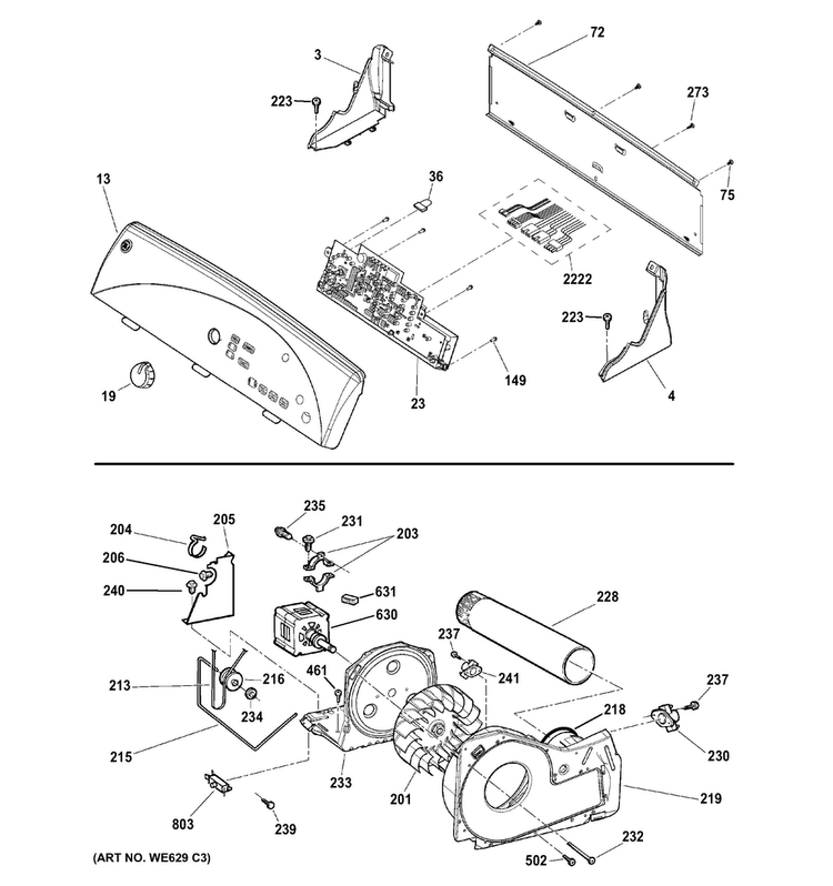 Backsplash, Blower & Drive Assembly Diagram and Parts List for GTDP520GD2WW  General Electric Dryer