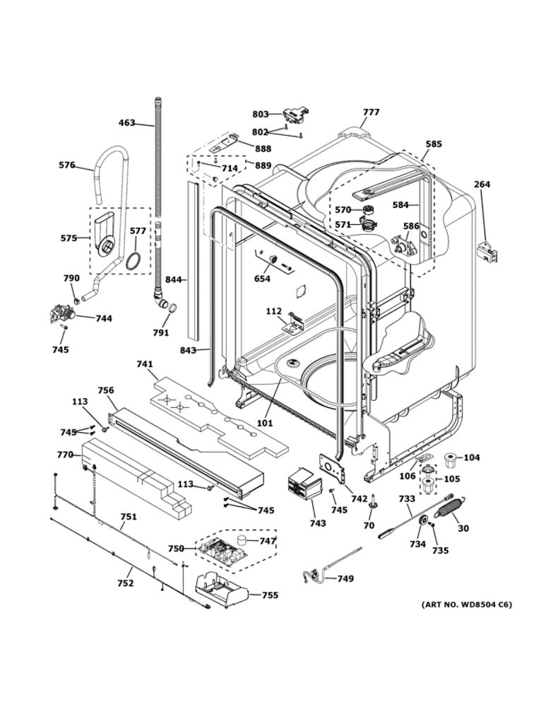Body Parts Diagram and Parts List for GDT635HSM5SS  General Electric Dishwasher