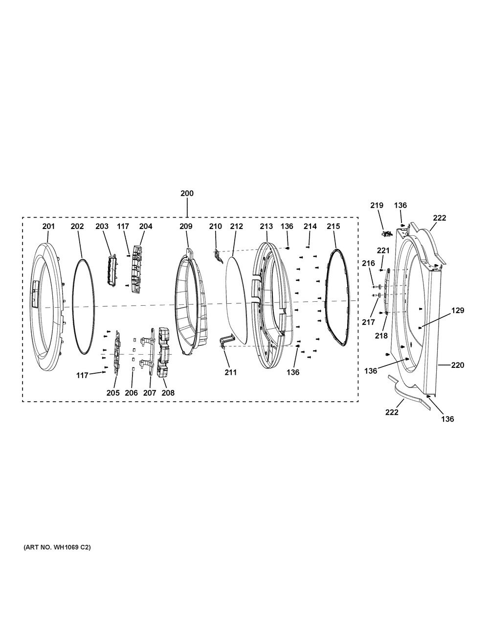 Front Panel And Door Diagram and Parts List for VFD31EDSR0WW  General Electric Dryer