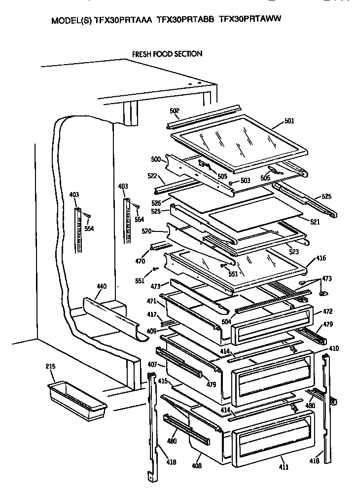 Shelfs Diagram and Parts List for TFX30PRTABB  General Electric Refrigerator