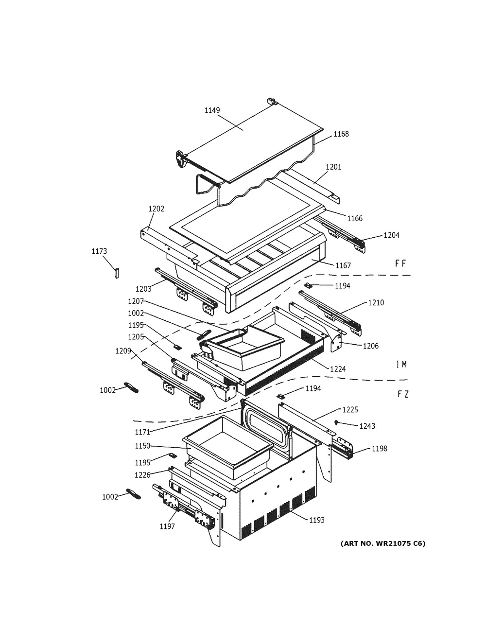Shelves & Drawers Diagram and Parts List for ZIC30GNNAII  General Electric Refrigerator