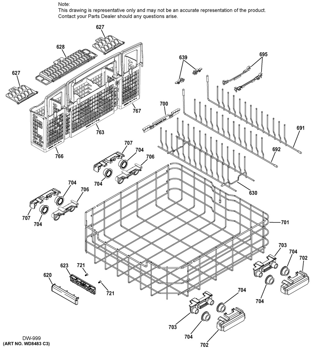Lower Rack Assembly Diagram and Parts List for GDWF860V02SS  General Electric Washer