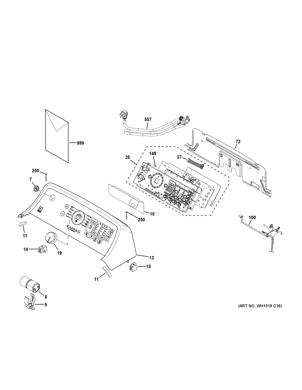 Controls And Backsplash Diagram and Parts List for GTW585BSV3WS  General Electric Washer