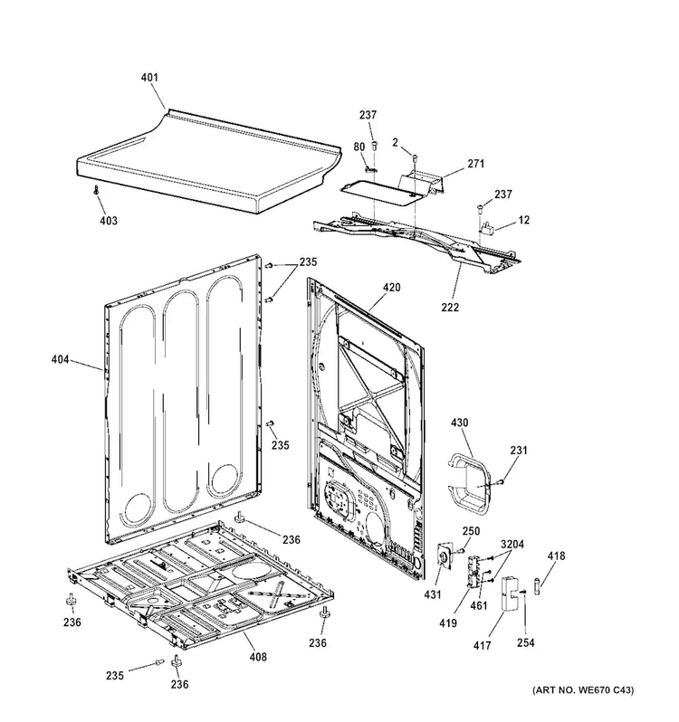 Cabinet & Top Panel Diagram and Parts List for GTDX185ED5CC  General Electric Dryer