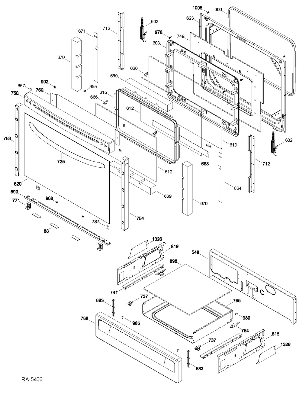 Door And Drawer Diagram and Parts List for PDT760SSFSS  General Electric Range