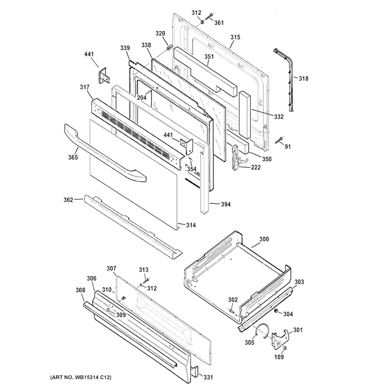 Door & Drawer Parts Diagram and Parts List for JGBS60DEF1WW  General Electric Range