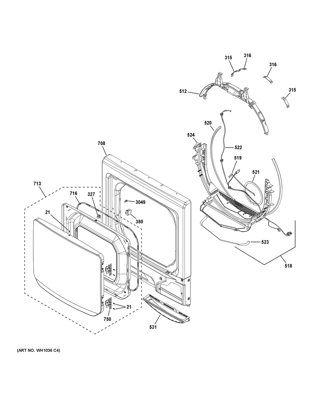 Dryer Front Panel And Door Diagram and Parts List for GUD27EEPV0DG  General Electric Washer Dryer Combo