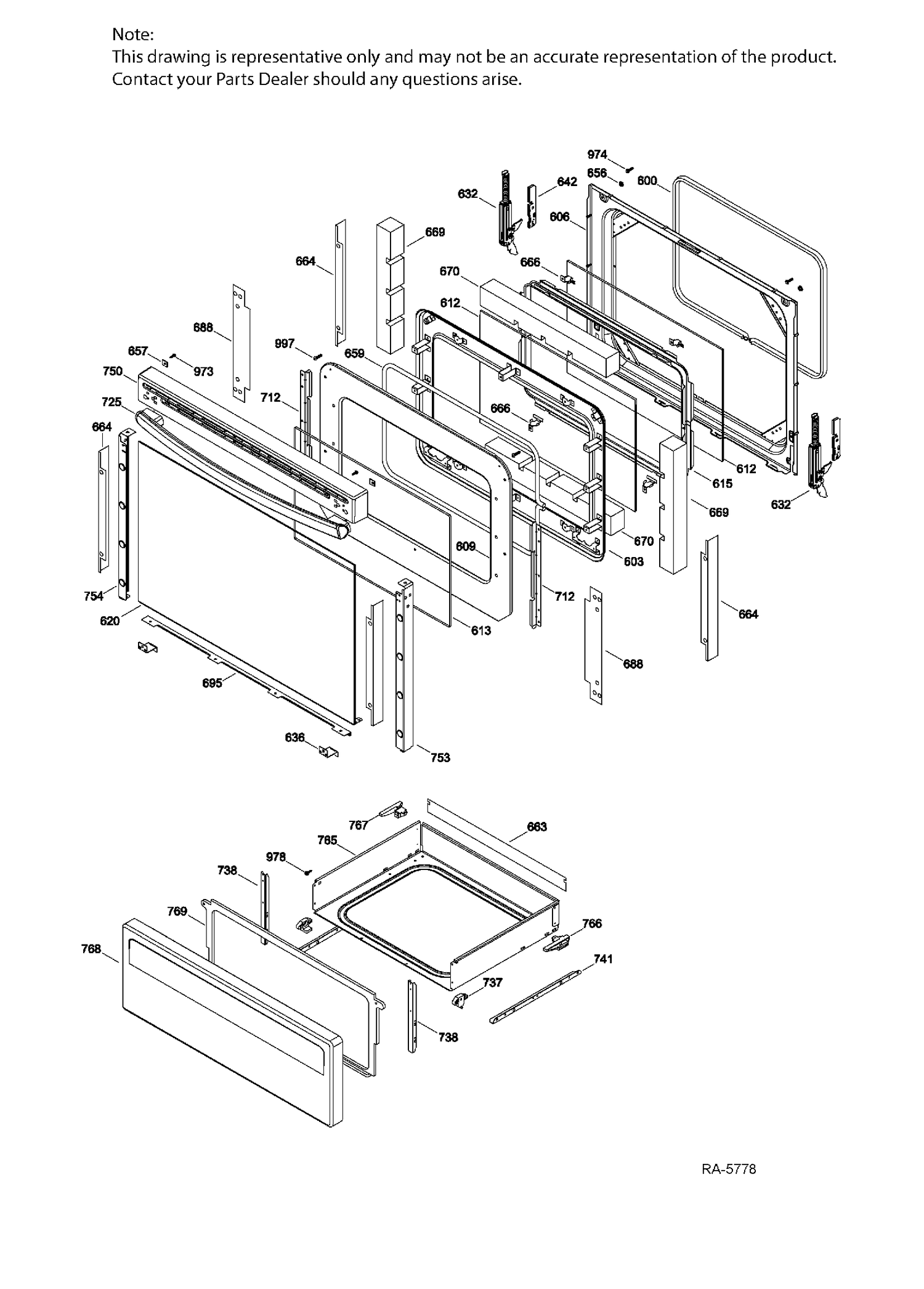 DOOR & DRAWER Diagram and Parts List for JCB840DJ1WW  General Electric Range