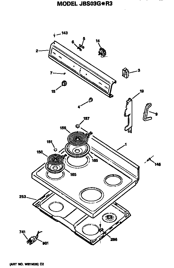 Cooktop Diagram and Parts List for JBS03G*R33  General Electric Range
