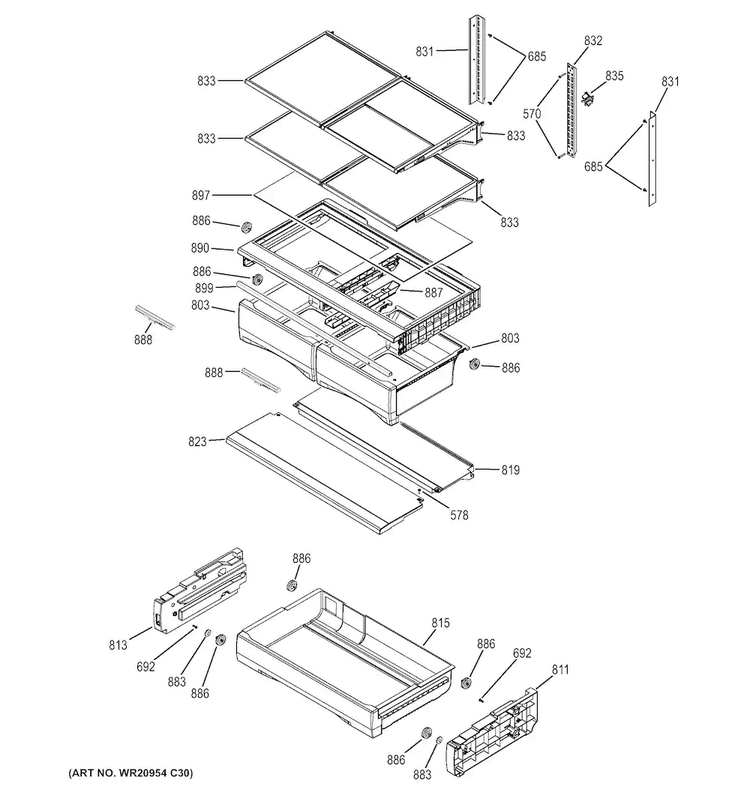 Fresh Food Shelves Diagram and Parts List for GFE26GSKBSS  General Electric Refrigerator