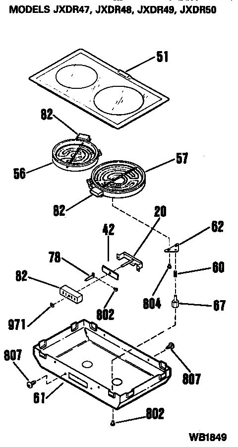Replacement Parts Diagram and Parts List for JXDR50V1B  General Electric Cooktop