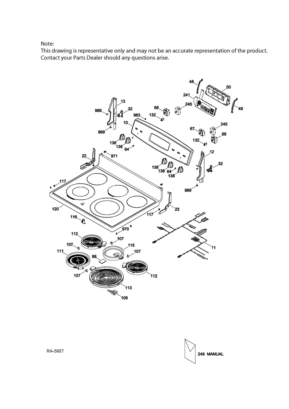 Control Panel And Cooktop Diagram and Parts List for MBR12DGH1WW  General Electric Range