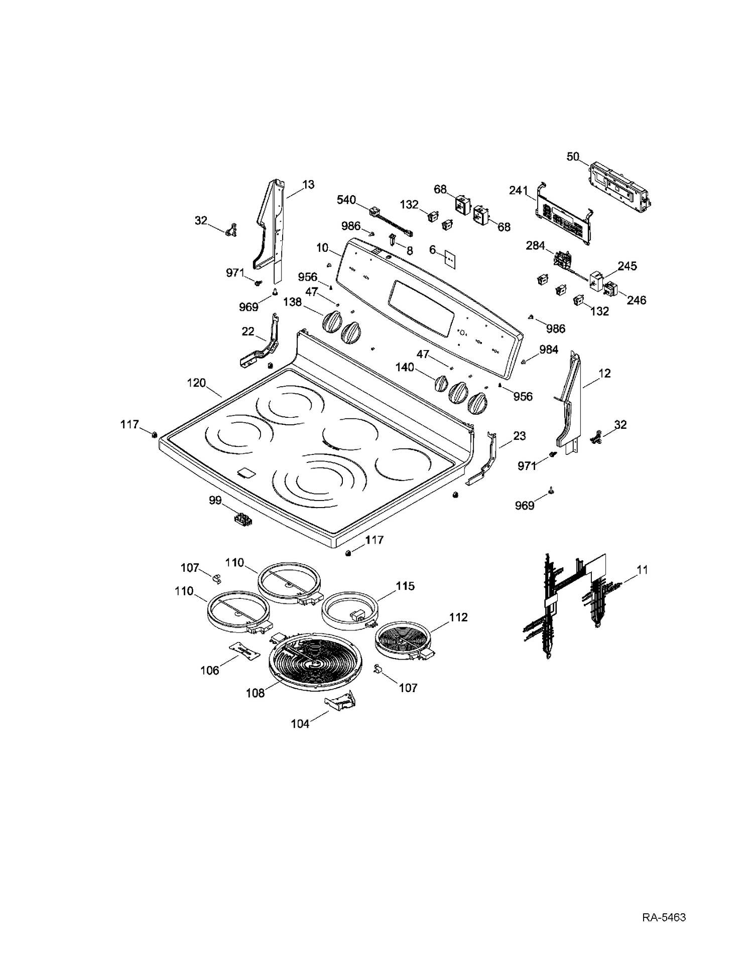 CONTROL PANEL & COOKTOP Diagram and Parts List for PCB970SR3SS  General Electric Range