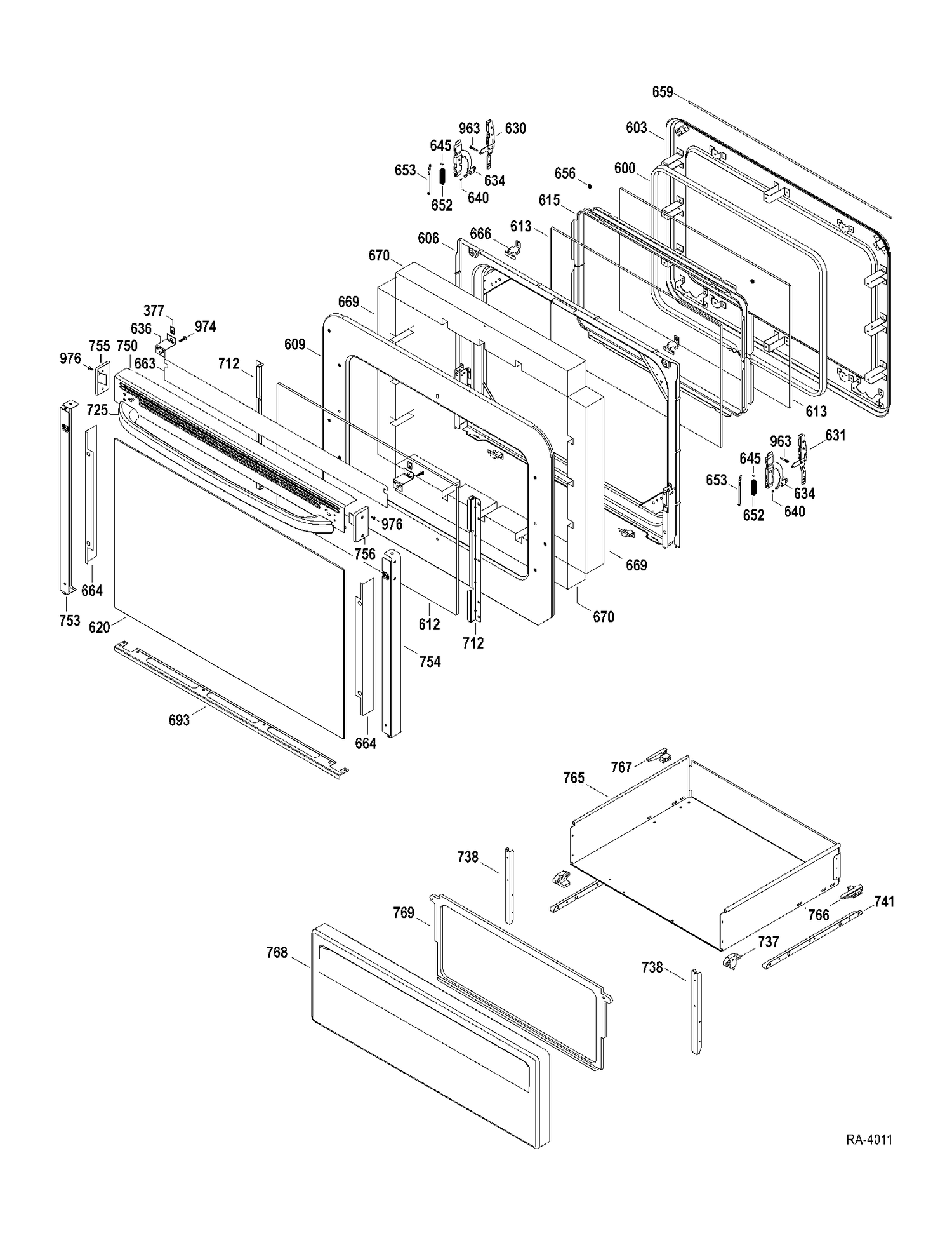 DOOR-DRAWER Diagram and Parts List for JCBP40DP2WW  General Electric Range