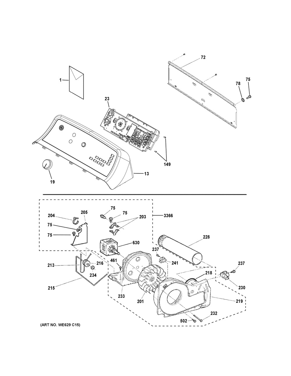 Backsplash, Blower & Motor Assembly Diagram and Parts List for GTD65EBSJ4WS  General Electric Dryer