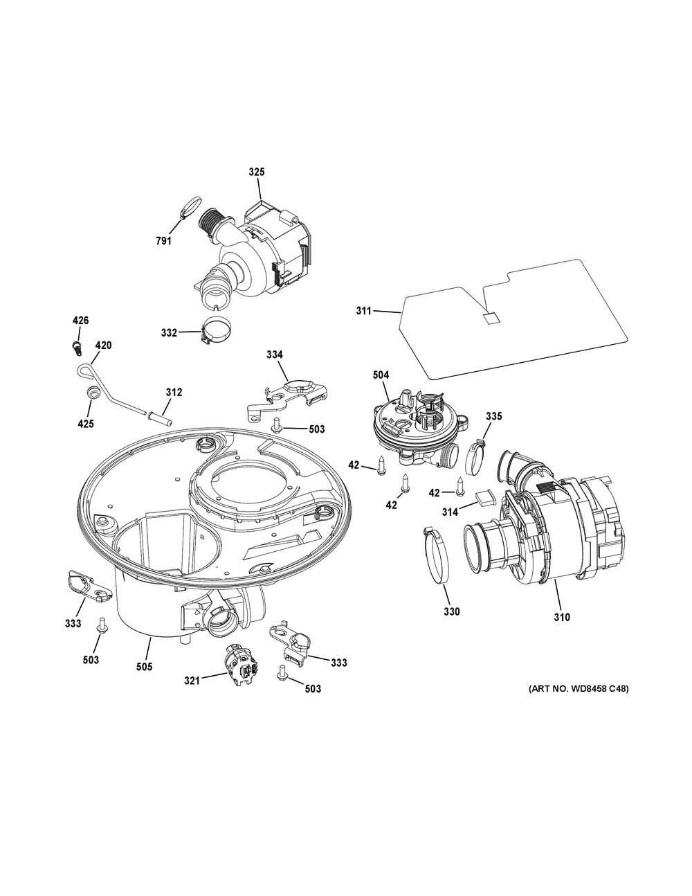 Sump & Motor Mechanism Diagram and Parts List for CDT866P3M4D1  General Electric Dishwasher