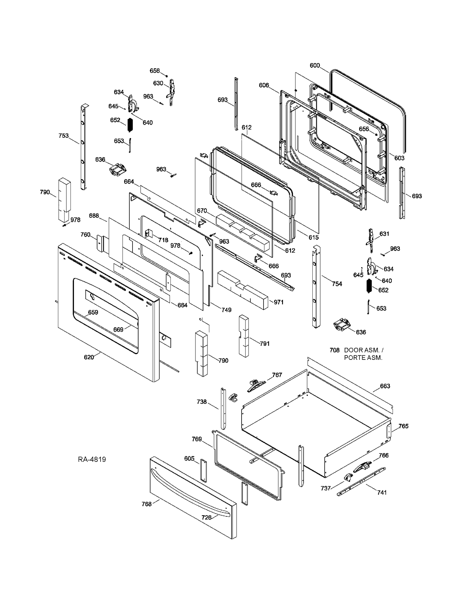 DOOR & DRAWER PARTS Diagram and Parts List for JCBP70SP2SS  General Electric Range