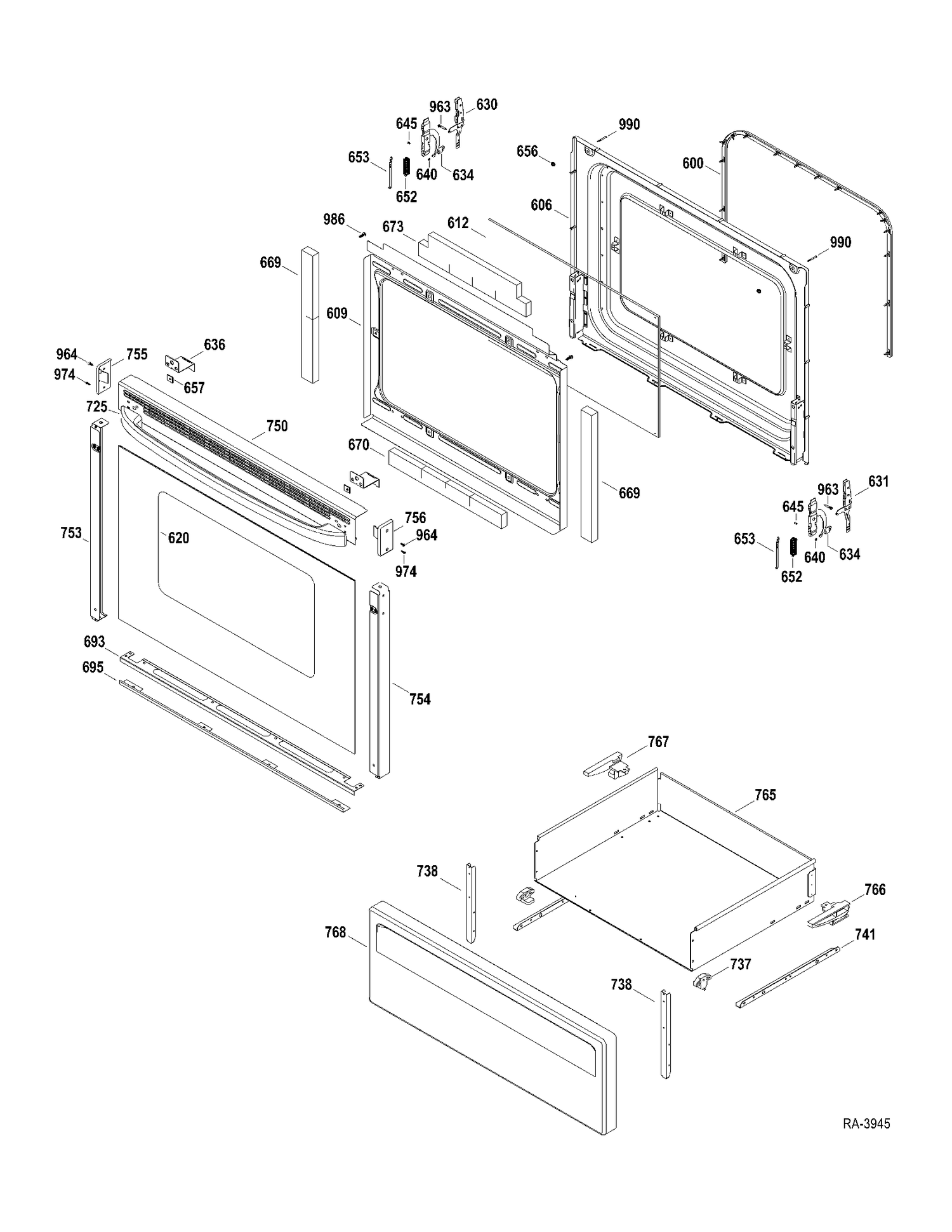 DOOR-DRAWER Diagram and Parts List for RCBS787DN2WW  General Electric Range