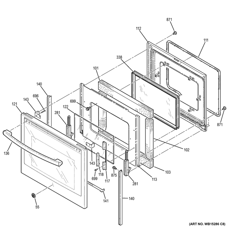 Door Diagram and Parts List for JB745DF2WW  General Electric Range