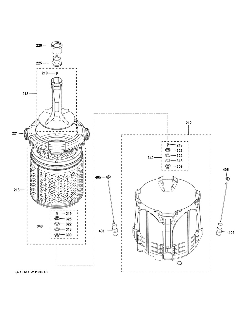 Tub & Basket Assembly Diagram and Parts List for GUD24GSSM0WW  General Electric Washer Dryer Combo