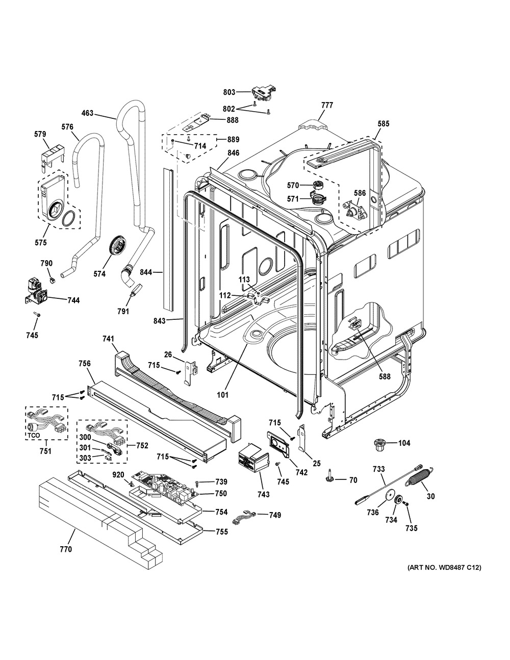 Body Parts Diagram and Parts List for GDF570SGJ4CC  General Electric Dishwasher
