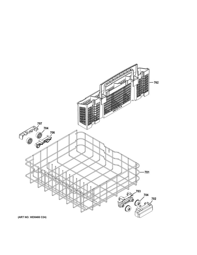 Lower Rack Assembly Diagram and Parts List for GDT630PSM0SS  General Electric Dishwasher
