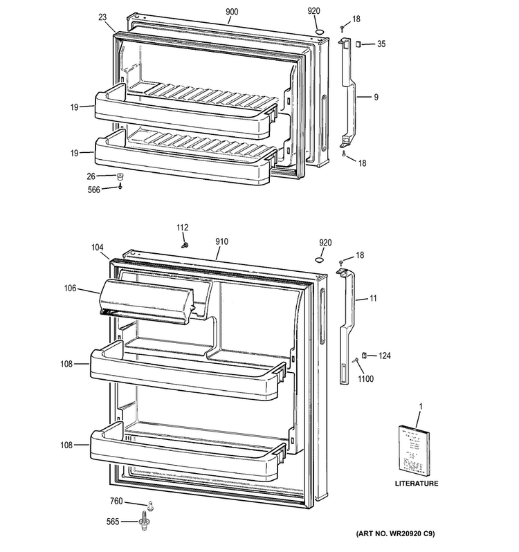 Doors Diagram and Parts List for GTH16BBXDRCC  General Electric Refrigerator