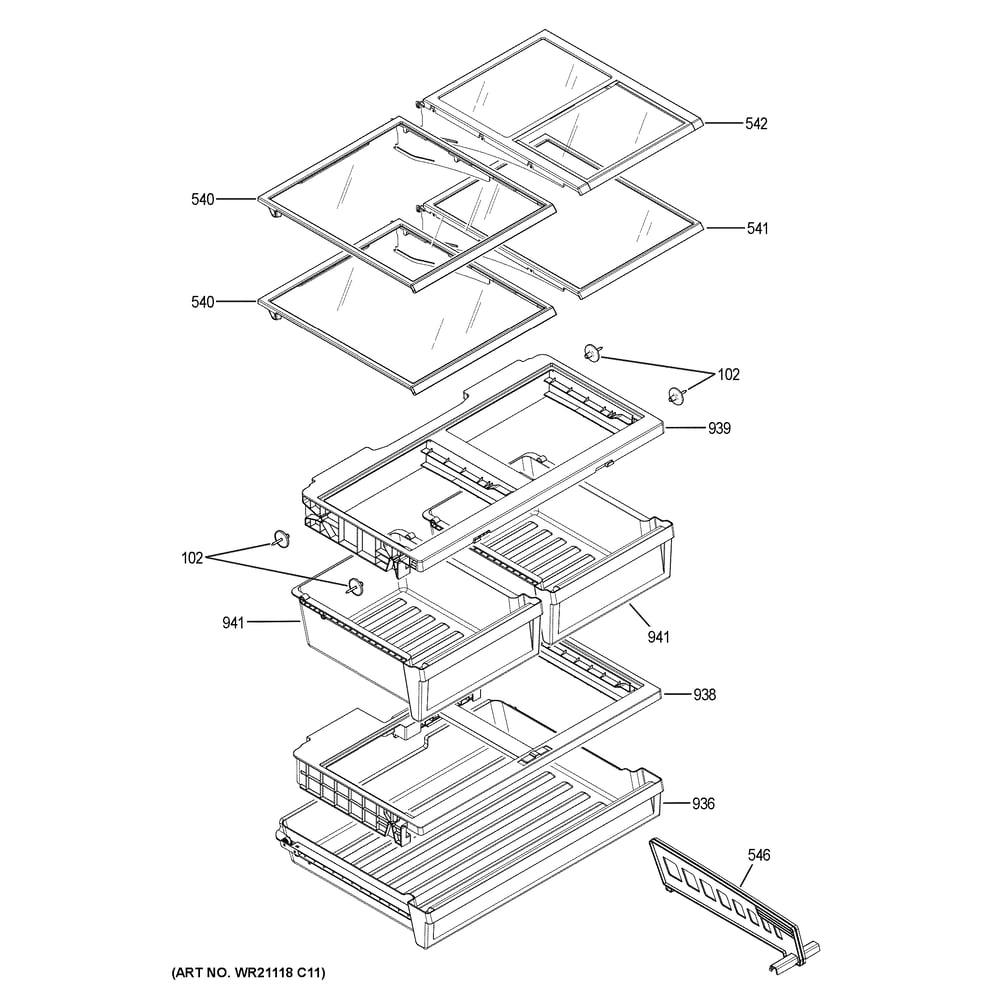 Fresh Food Shelves Diagram and Parts List for GYE18JYLHFFS  General Electric Refrigerator